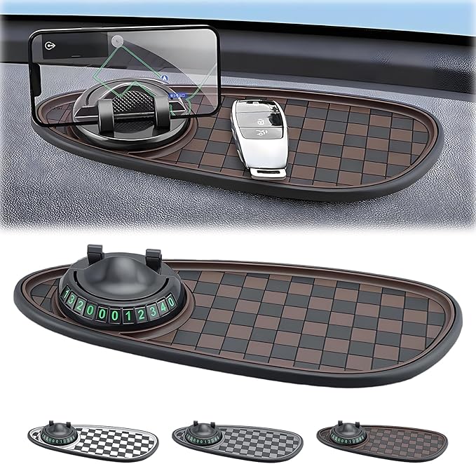 Multifunctional Car Dashboard Organizer - Anti-Slip Phone Holder with 360° Rotation, Parking Number Pad & Storage for Sunglas