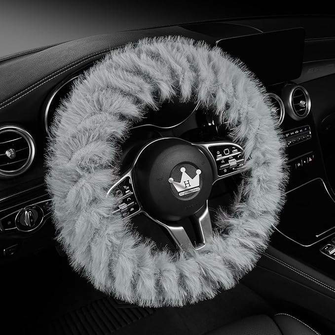 Fuzzy Winter Steering Wheel Covers for Women, Warm Cute Fluffy Car Wheel Cover for F150, Trucks, Jeep, Van, Soft Furry Auto Plush Large Car Handle Cover for Cold Weather, 15.2-16in, Gray