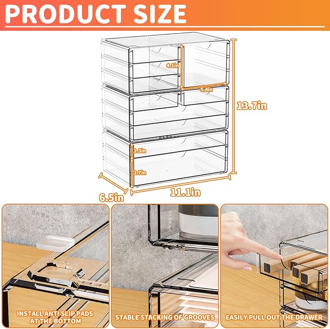 Yieach 3Pack Clear Drawer Organizers Stackable,Acrylic Storage Drawers With 10 Drawers,Multipurpose Office Supply Organizer a