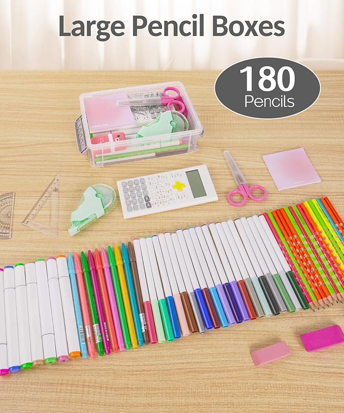 Sooez 6 Pack Extra Large Pencil Box, Plastic Hard Pencil Case Crayon Box Bulk, Clear Marker Organizer Plastic Containers with