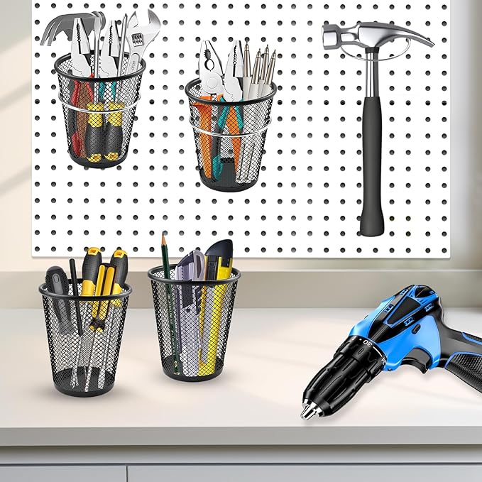 6 Sets Pegboard Cups with Ring, Metal Pegboard Bin with Hooks, Black Multipurpose Pegboard Organizer Accessories Pencil Holde
