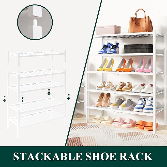Smiry Shoe Rack, 5 Tier Thick Bamboo Shoe Organizer, Stackable Free Standing Wooden Shoe Storage Shelf for Closet, Entryway, 