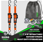 Rhino USA Retractable Ratchet Straps (2-Pack) - 1 Inch x 10 Feet (1,209lb Break Strength) - Auto Self Retracting Tie Down Straps for Truck, Cargo Trailer, Motorcycle, ATV, UTV - Orange
