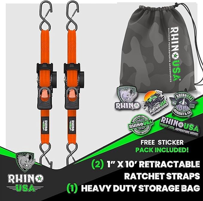 Rhino USA Retractable Ratchet Straps (2-Pack) - 1 Inch x 10 Feet (1,209lb Break Strength) - Auto Self Retracting Tie Down Straps for Truck, Cargo Trailer, Motorcycle, ATV, UTV - Orange