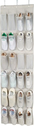 Amazon Basics 24 Medium Mesh Pocket Over-the-Door Hanging Shoe Organizer, Space Saving Shoe Storage, Light Grey | Over-the-Do