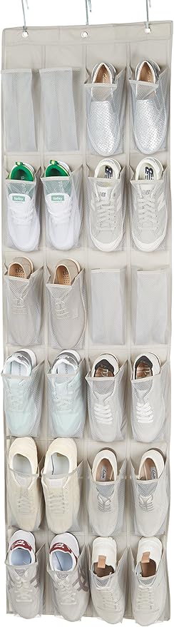 Amazon Basics 24 Medium Mesh Pocket Over-the-Door Hanging Shoe Organizer, Space Saving Shoe Storage, Light Grey | Over-the-Do