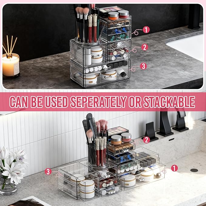 ShineMe Clear Makeup Organizer with 9 Drawers, 3 Tier Stackable Makeup Storage Organizer with Rotating Brush Holder, Acrylic 