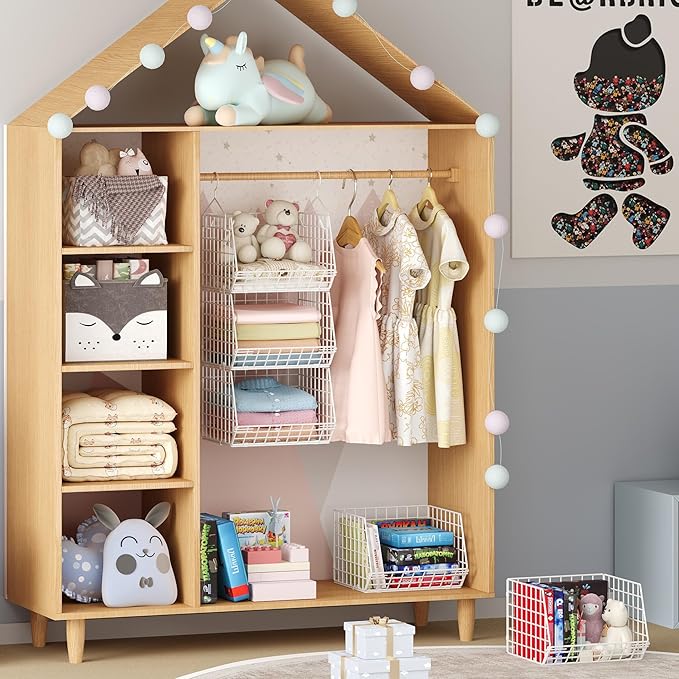 X-cosrack 4 Tier Closet Hanging Organizer, Foldable Closet Shelving with 2 Hanging Hooks 5 S Hooks, Wire Storage Basket for W