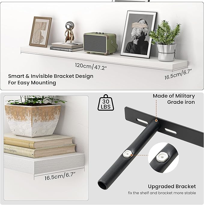 Heimlove 48 Inch Floating Shelves for Wall,Extra Long Wood Shelves Mounted Storage Hanging Shelf Invisible Bracket for Bedroo
