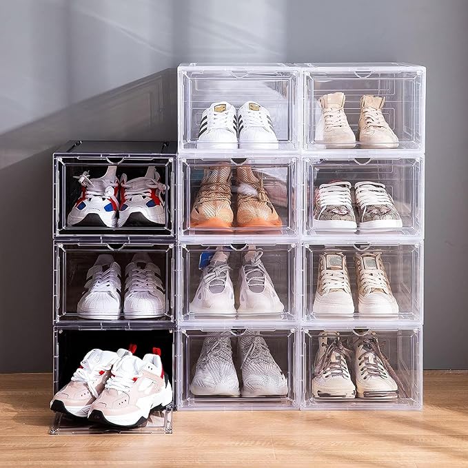 Attelite Shoe Box,Set of 6,Stackable Plastic Clear Shoe Box Organizer with Magnetic Door,Shoe Storage Box Thicken Sturdy,Easy