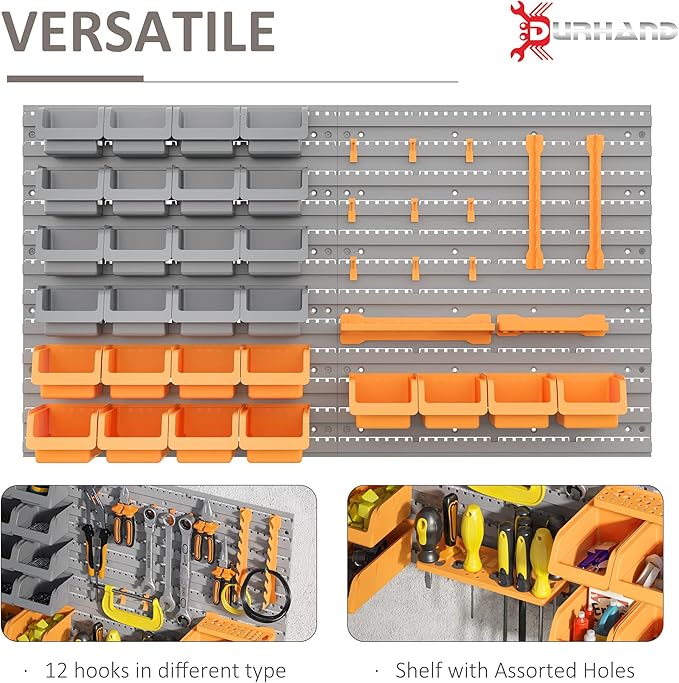 DURHAND Wall Mounted Storage Bins, 44PC Pegboard Tool Organizer Rack Kit Garage Plastic Shop Tool, Orange