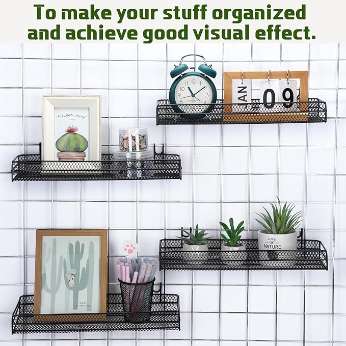 4 Pcs Black Metal Grid Wall Baskets with Hooks Hanging Wire Mesh Basket for Gridwall Wall Mounted Storage Organizer for Home 