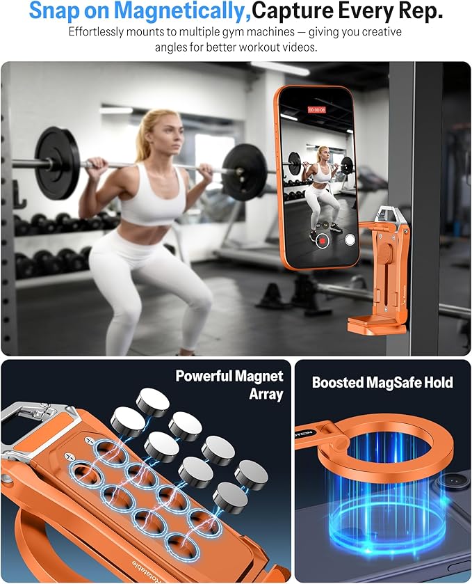 OMOTON TP02-Pro Magnetic Phone Holder for Vlogging, Content Creator Essentials with 1/4" Screw, Arca, Strong Back Magnet for Gym, Adjustable Phone Stand & Selfie Stick for iPhone 12-17 Series, Orange