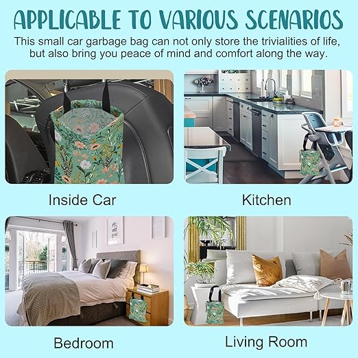 Car Garbage Bag Blooming Floral and Leaves Drawstring Car Trash Bag Hanging for Back Seat with Adjustable Buckle Canvas Vehicle Trash Can Easy-to-Install