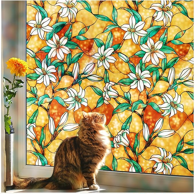 Coavas Decorative Window Privacy Film, Heat Control Sun Blocking Stained Glass Window Film, Floral Design Static Cling, Non Adhesive Windows Tint for Bathroom Front Door(Vinyl, 35.4" x 78.7 ")