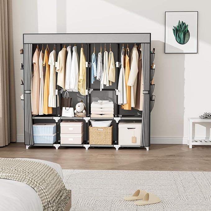 Portable Closet for Hanging Clothes, 67 Inch Wide Portable Wardrobe Closet with Cover, 4 Hanging Rod, Storage Shelves and Sid