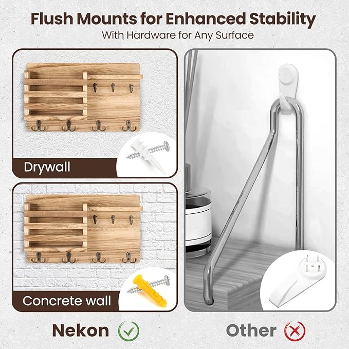 Nekon Mail Holder for Wall Mail Organizer with Key Hooks Hallway Farmhouse Decor Storage Racks with Floating Shelf and Flush 