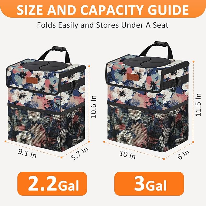 Car Trash Can for Car Cute, Trash Bag Bin Hanging Waterproof Automotive Garbage Cans Leak Proof Vehicle Trash Can Painting Floral