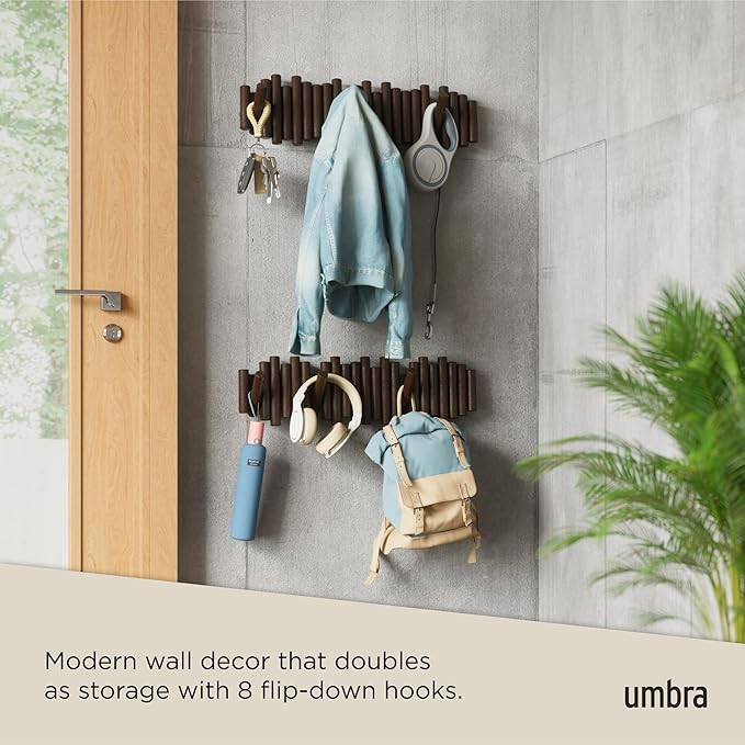 Umbra Picket Coat Rack with 8 Hooks – Walnut Wall-Mounted Coat Rack with Flip-Down Wooden Hooks, Real Pine Wood Decorative Wa