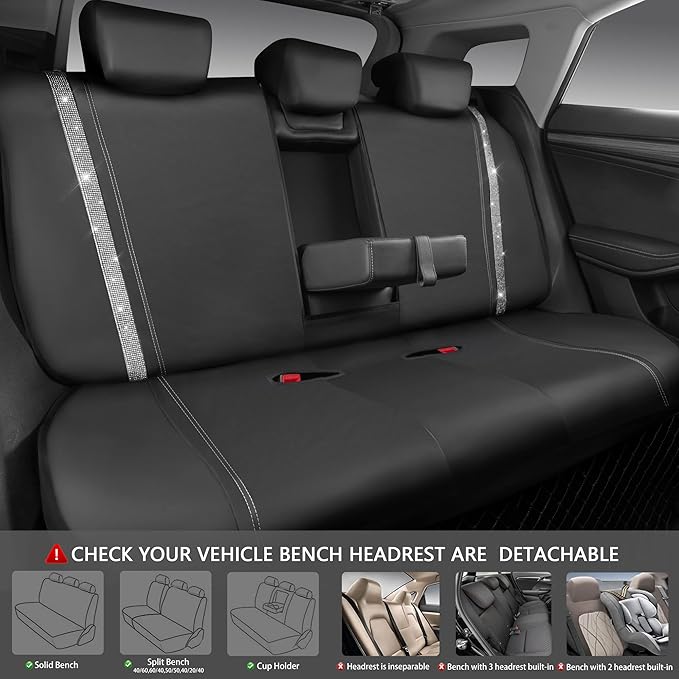CAR PASS Bling Diamond Car Seat Covers Full Set, Shining Rhinestone Waterproof Faux Leather, Rear with Zipper, Universal Fit Automotive Glitter Crystal Sparkle Strips for Cute Women Girl, Silver
