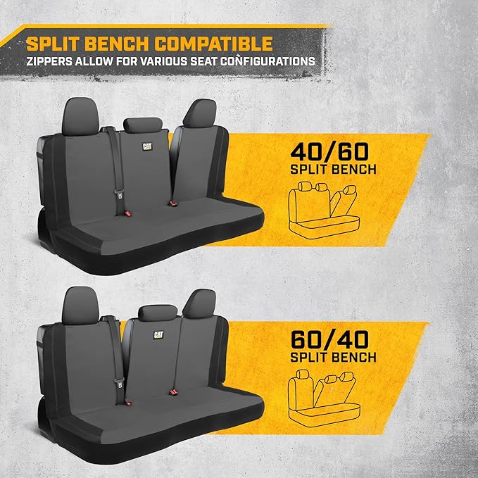 CAT PU Leather Rear Bench Seat Cover – Gray, 60/40 Split Fit for Cars, Trucks, SUVs – Waterproof, Scratch-Resistant, Semi-Uni