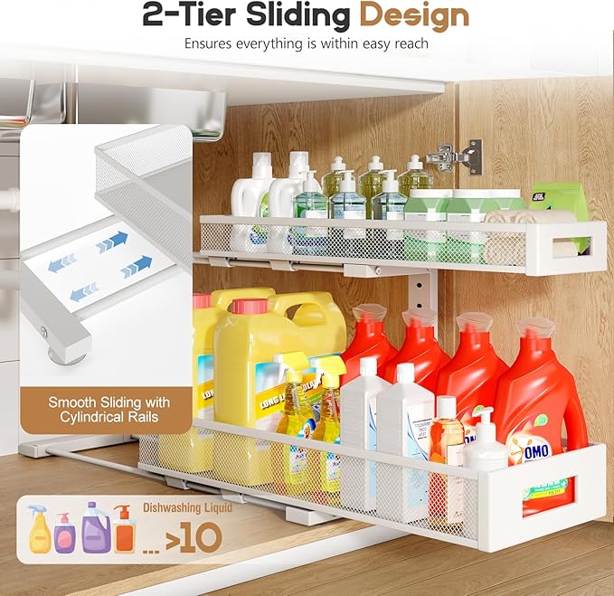 1 Pack 20.47IN Depth Under Sink Storage Organizer, Large 2-Tier Elegant Mesh Pull Out Shelf for Kitchen and Bathroom Cabinet 