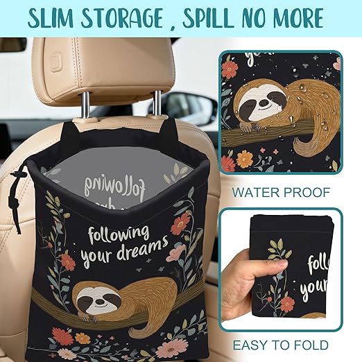 Car Garbage Bag Cute Brown Sloth and Floral Hanging Canvas Car Trash Bag Drawstring Car Back Seat Organizer for Car Back Front Seat Console with Adjustable Buckle