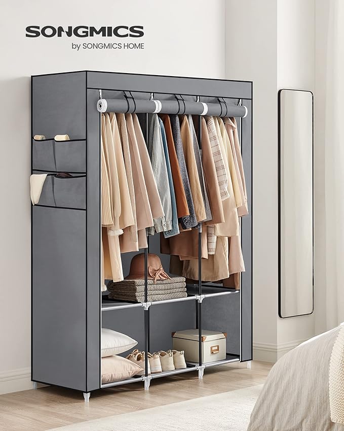 SONGMICS Portable Closet, Wardrobe Closet Organizer with Cover, 3 Hanging Rods and Shelves, 4 Side Pockets, 51.2 x 17.7 x 65.