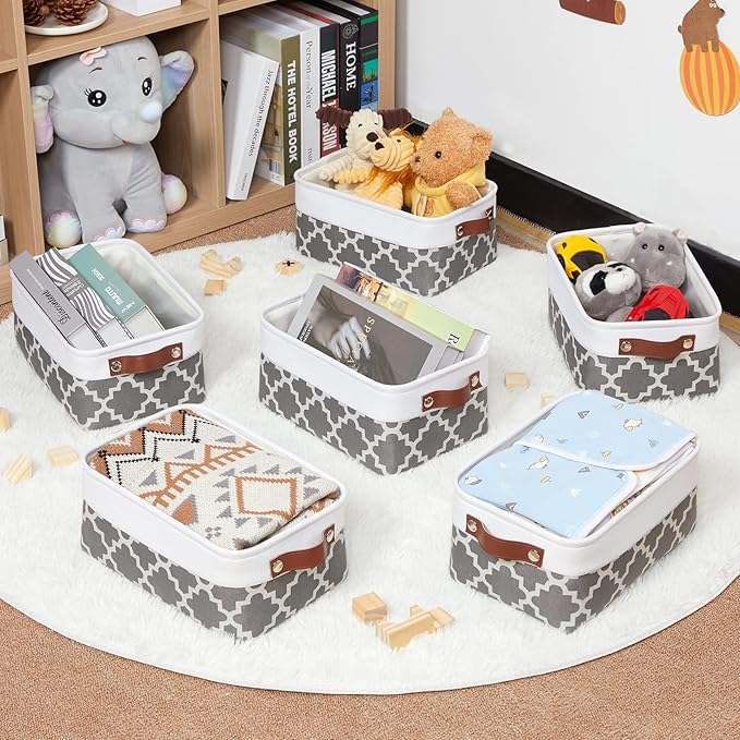 HNZIGE Small Baskets Fabric Storage Baskets(6 Pack) Storage Bins with Leather Handles Empty Gift Basket Decorative Storage Ba