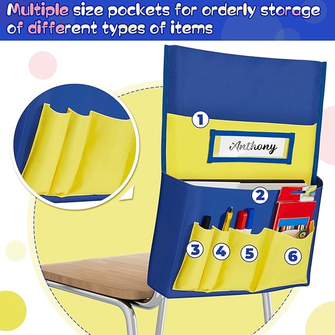 Lewtemi 2 Pcs Desk Chair Seat Back Organizer with 5 Pockets Chair Pockets for Classrooms School Seat Chair Storage Pocket Chart with Name Label Slot for Home Office, 18 x 19 Inch(Red, Yellow)