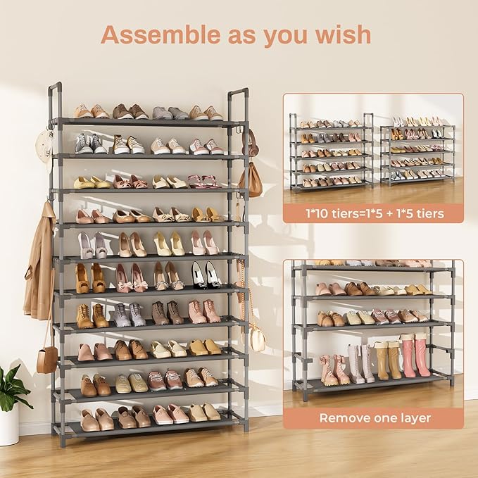 LANTEFUL Tall Shoe Rack 10 Tier Shoe Organizer Large Shoe Shelf with 18 Hooks Storage for 50 Pair Sneaker and Boot, Stackable