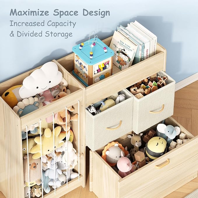 EXPERLAM Toy Organizer and Stuffed Animals Storage, All-in-One Toy Shelf with Stuffed Animal Holder, 2 Drawers, Movable Toy C