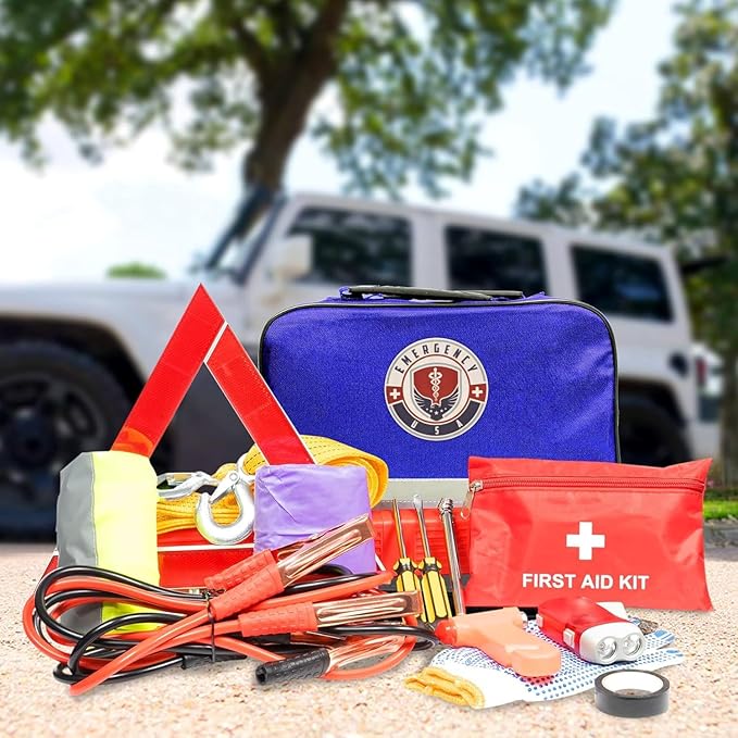 Roadside Car Emergency Kit - First Aid Set, Jumper Cables, Tow Strap, LED Flash Light, Rain Coat, Tire Pressure Gauge, Safety