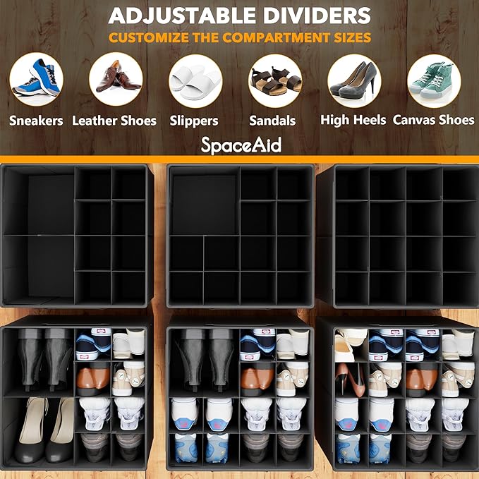 SpaceAid Shoe Organizer for Closet, 2 Pack Foldable Shoe Storage Containers Baskets Boxes Bins w/Adjustable Dividers, Fits 16