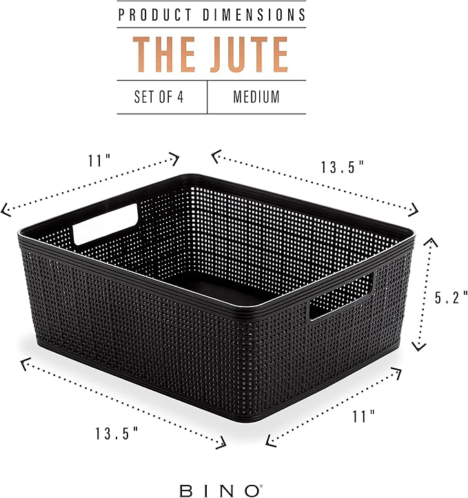 BINO | Woven Plastic Basket | Medium (Black), 4-Pack | THE JUTE COLLECTION | Home Organization, Space - Saving Storage, Styli