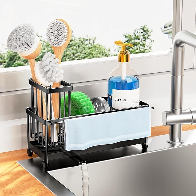 Cisily Sponge Holder for Kitchen Sink, Sink Caddy Organizer with High Brush Holder, Kitchen Countertop Organizers and Storage