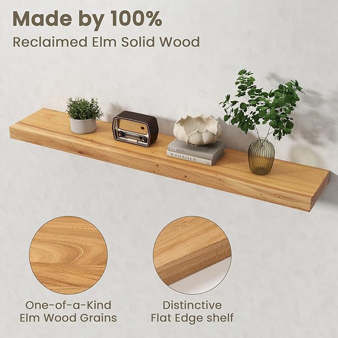 Fun Memories Solid Elm Wood Floating Shelves Set of 1-48 Inch Rustic Wall Shelves with Heavy-Duty Invisible Brackets - for Li