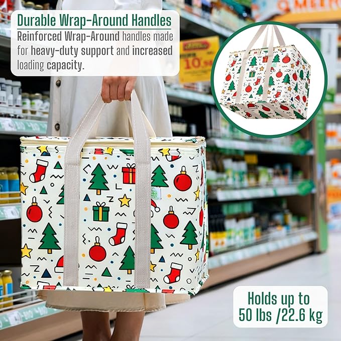 VENO 2 Pack Cooler Bag, Insulated Grocery Bags for Food Delivery, Collapsible Cooler, Reusable Shopping Bags for Groceries, Hard Bottom, Water Resistant, Zippered, Foldable (Jingle Mix, 2 Pack)