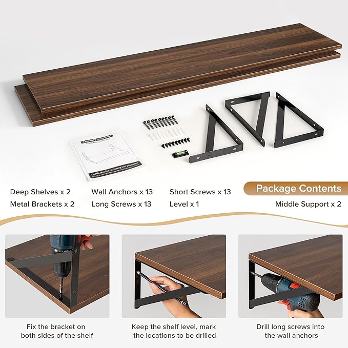 Deep Floating Shelves Wall Mounted, 55"x12" Walnut Wall Shelves with Brackets Set of 2 for Bedroom, Living Room, Bathroom, Ki