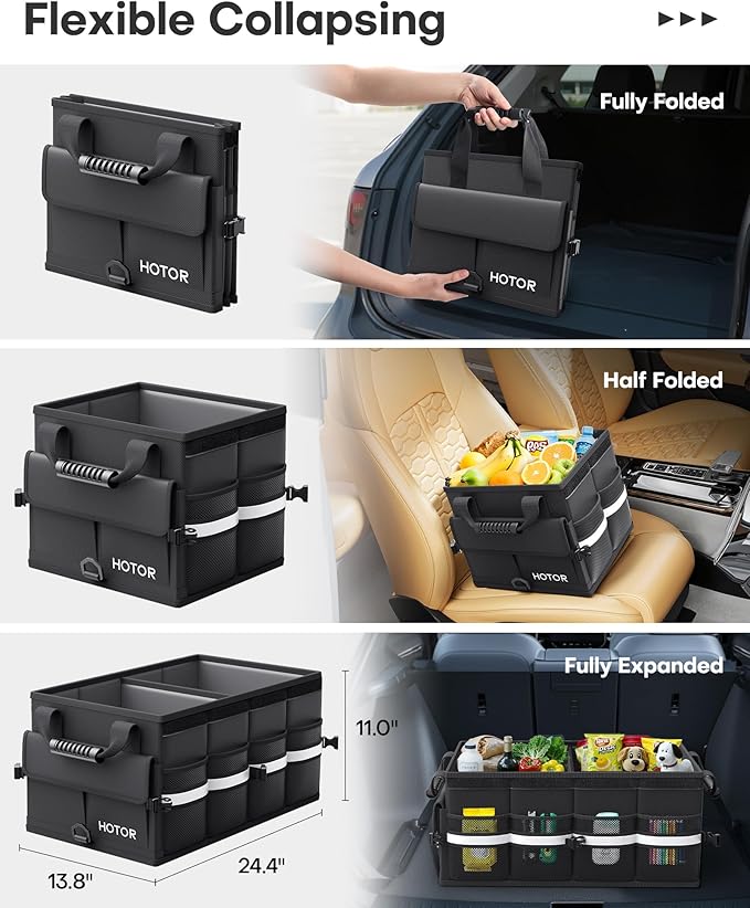 HOTOR Car Trunk Organizer - Foldable Trunk Organizer for SUV, Car Storage with Reflective Strips Securing Cover, Large Capacity