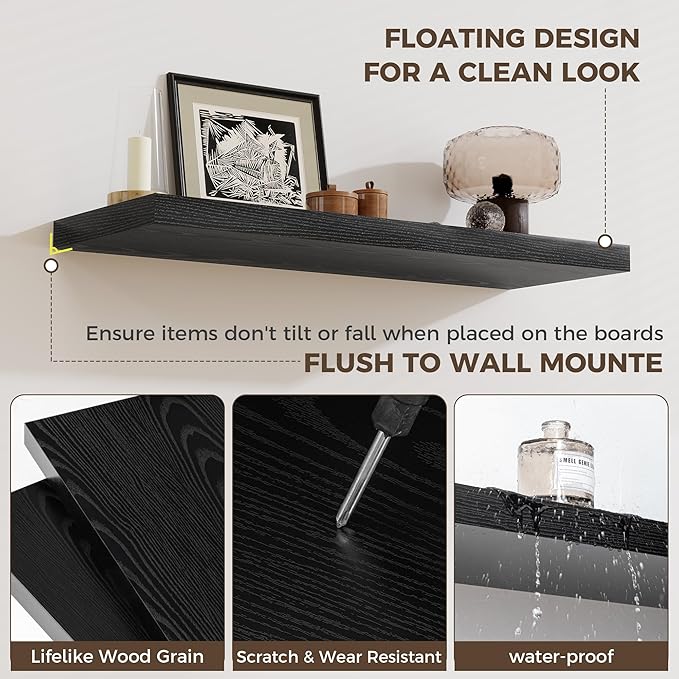 Fun Memories 12 Inch Deep Floating Shelves for Wall, 20 Inch Long Wall Mounted Storage Shelf with Invisible Brackets, 3 Pack 