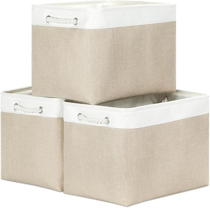 Bidtakay Large Storage Baskets for Organizing Fabric Closet Organizers Storage Bins with Handles 3-Pack 16x11.8x11.8 Inch Col