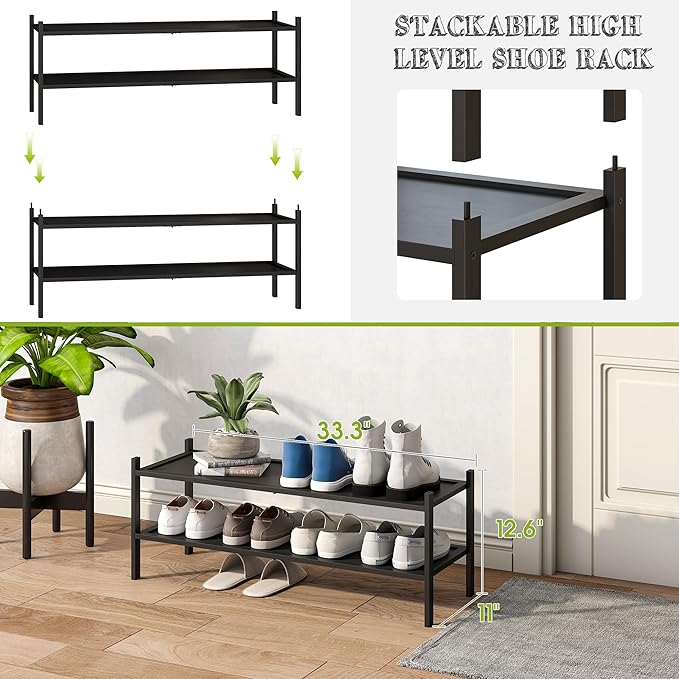 BMOSU 2-Tier Bamboo Extended Shoe Rack Premium Stackable Shoe Shelf Storage Organizer for Hallway Closet Living Room Entryway