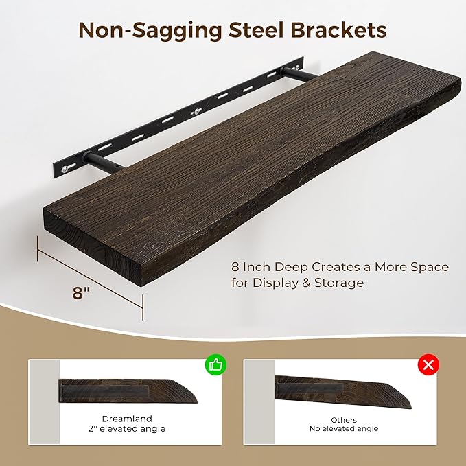 55 Inch Floating Shelves for Wall, Solid Elm Wood Live Edge Wall Shelf for Home Decor, 8 Inch Deep Floating Shelf, 55 x 8 Woo