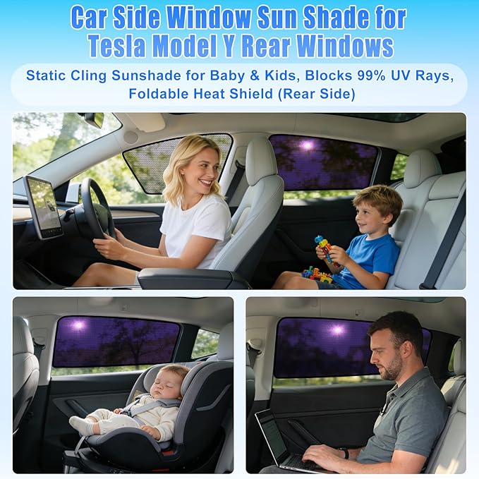 ZATOOTO Tesla Model Y Car Window Shades for Side Windows Sun Shade Static Cling | Front for Driver Visibility | Rear for Baby Sun Protection | Specific fit Frameless Doors | 2020-2024