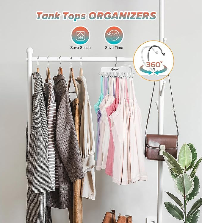 Gomyrod Bra Hanger for Closet, 2 Pack Tank Top Hanger w/20 Hooks Capacity Foldable Wood Space Saving Hangers, 360°Rotating Cl