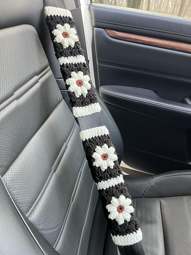 Daisy Crochet Steering Wheel Cover,Cute Seat Belt Cover,Women car Accessories (Black Wheel Cover+2 Belt Cover)