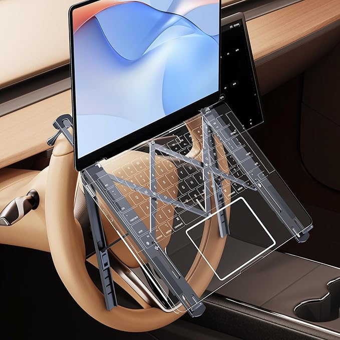 Foldable Car Laptop Holder, Adjustable Car Laptop Mount for Steering Wheel Tray Holder, Metal Notebook stand| Car Reading Stand | Car Tablet Holder, Multipurpose Travel Car Accessories-Gray