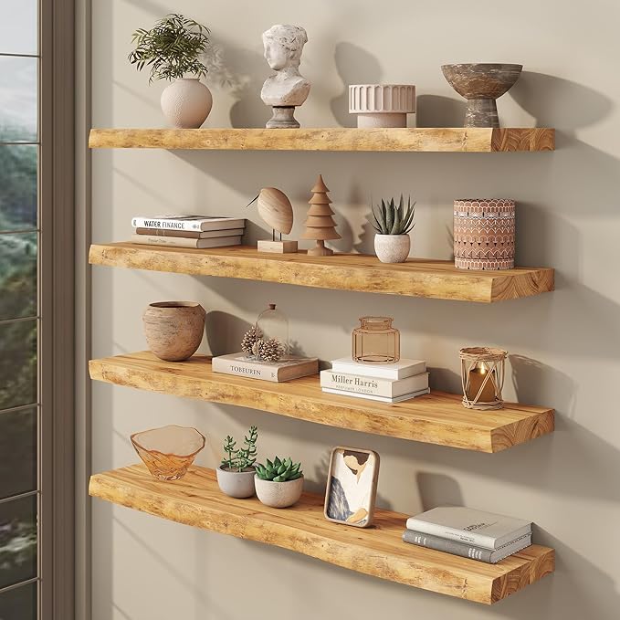 fuqing Live Edge Floating Shelves for Wall 40 inch, 8 Inch Deep Solid Elm Wood Floating Wall Shelves - Rustic Wooden Shelves 