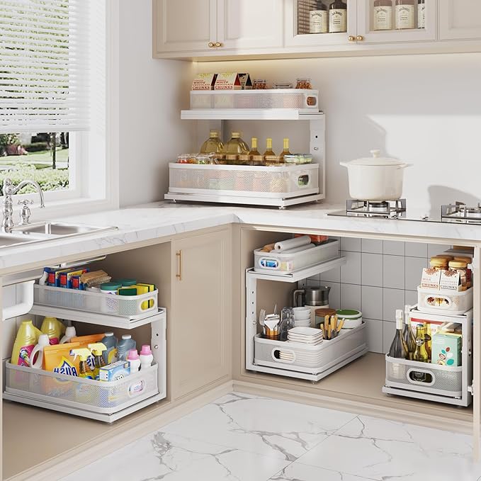 2 Pack 18.5IN-Depth Under Sink Organizer With Next-Gen Ball-Bearing Slides,2-Tier Precision Mesh Pull Out Cabinet Storage for